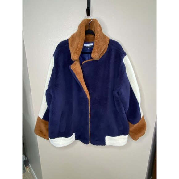 Eloquii Elements Womens Plus Size Colorblock Sherpa Jacket 22/24‎ Navy Tan White - Picture 1 of 7